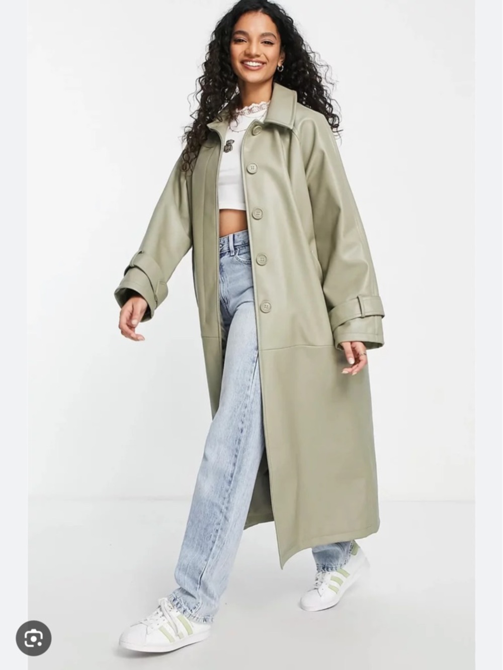 ASOS Vegan Leather Trench Coat in Sage Green